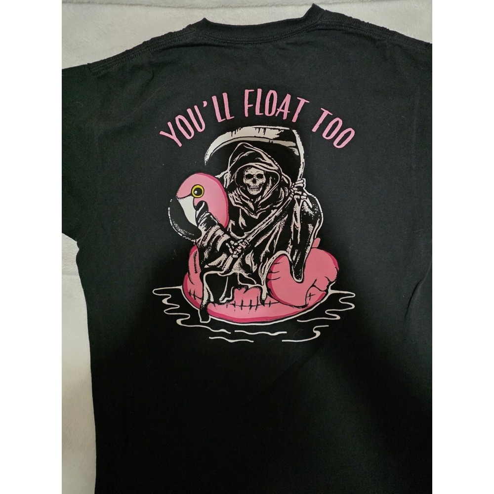 Retrofit You'll Float Too Grim Reaper Flamingo Graphic T-Shirt Mens Medium Black